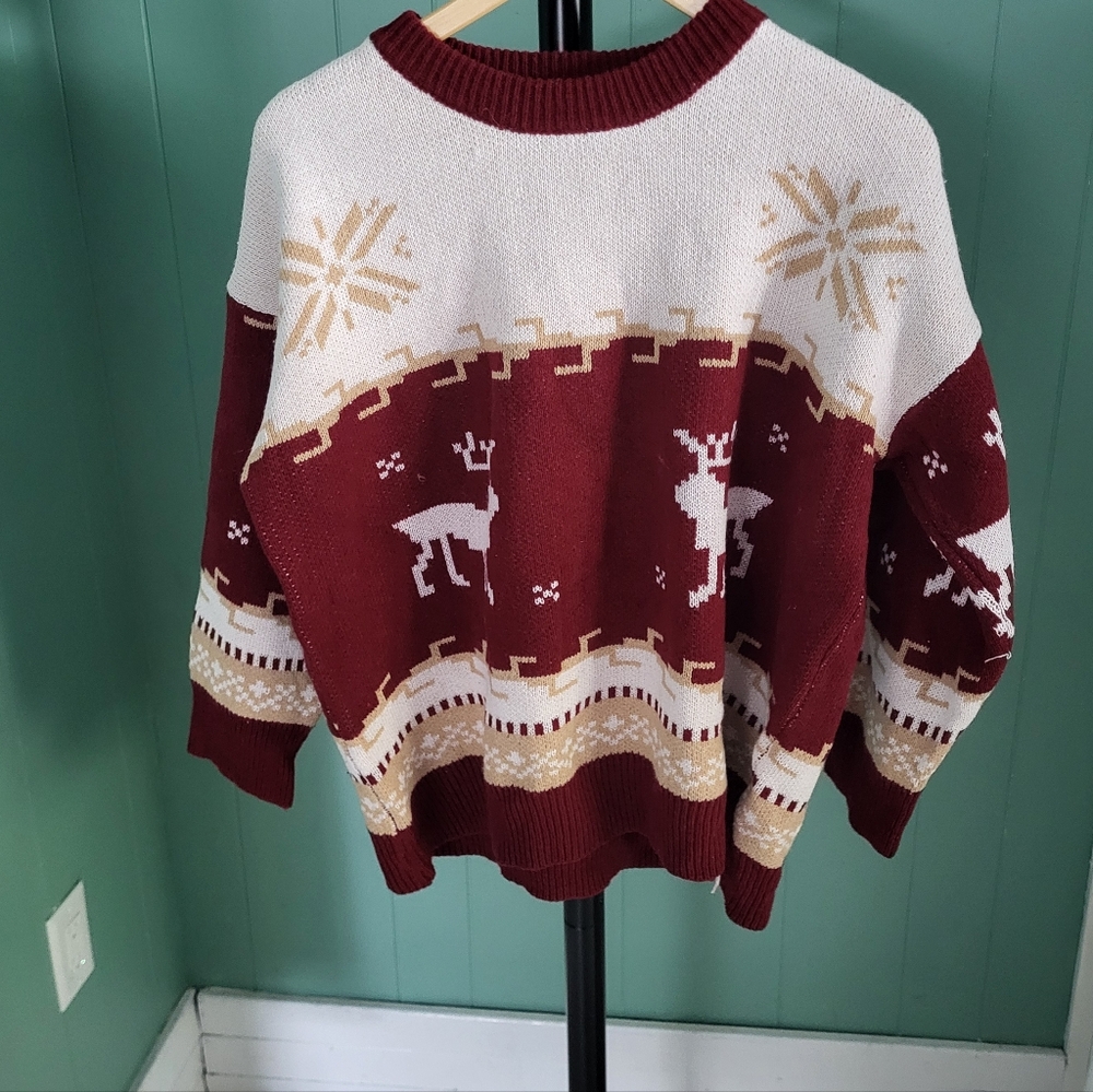 Reindeer Sweater - Red and Cream, M/L Oversized, Festive, Whimsical